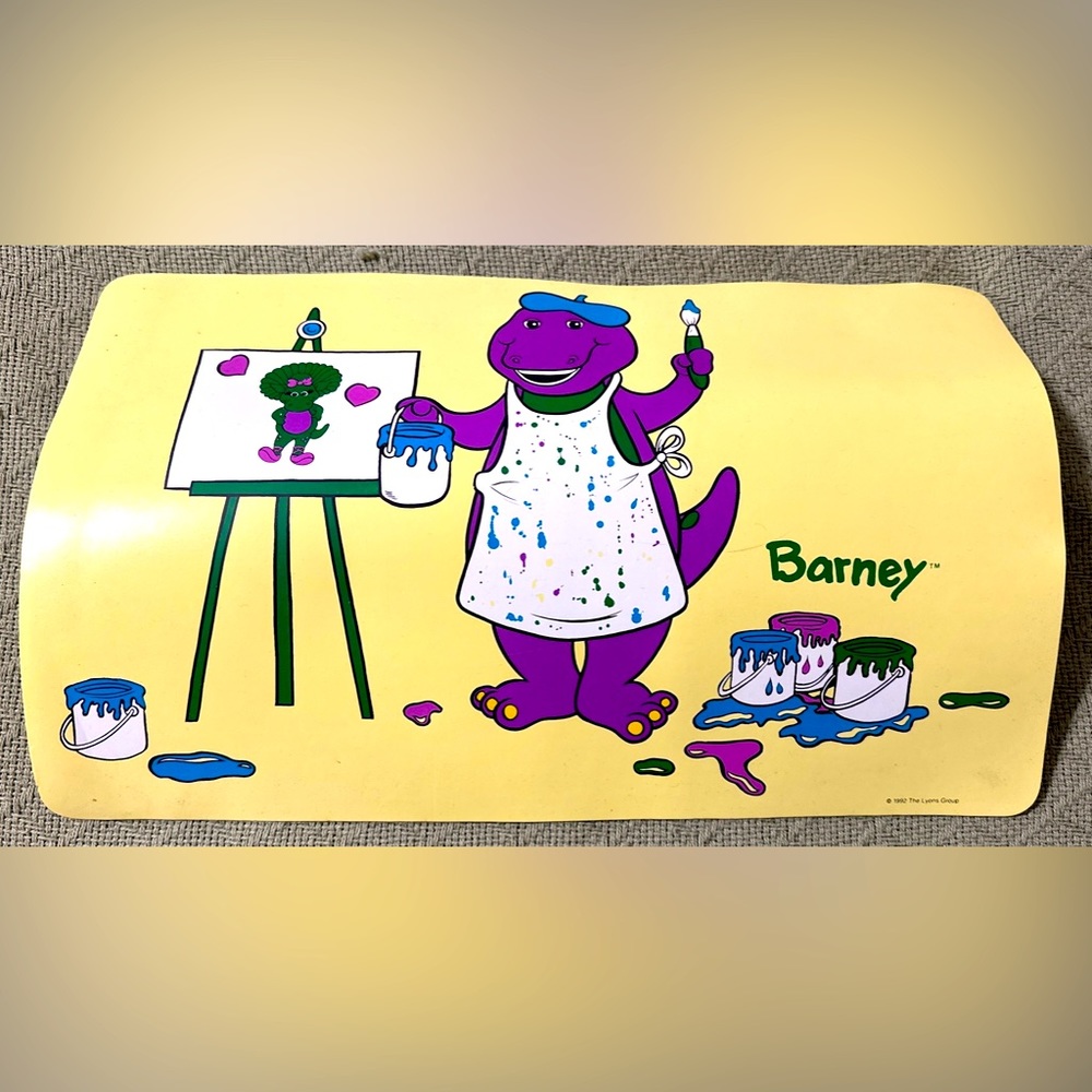 Barney The Dinosaur Placemat 1992 Painting Baby Boo Artist  17" x 10.5" Vintage